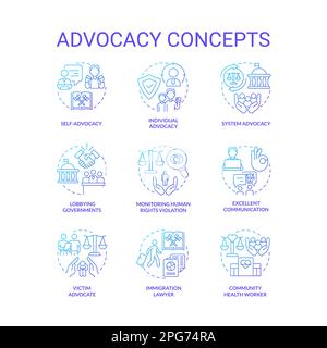 Advocacy blue gradient concept icons set Stock Vector