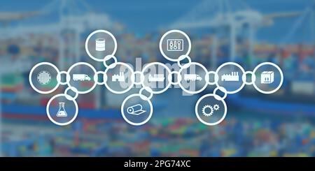 Graphic as a symbol image for a supply chain with icons and a photo of a container port in the background. Can be used as a header. Stock Photo