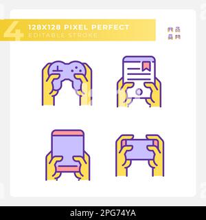 Yellow hands with amusing gadgets RGB color icons set Stock Vector