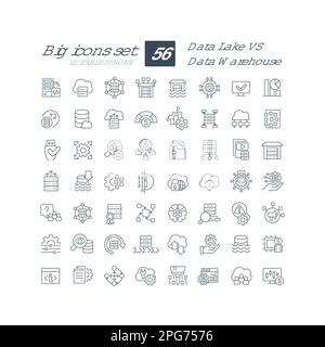 Data lake vs data warehouse linear icons set Stock Vector