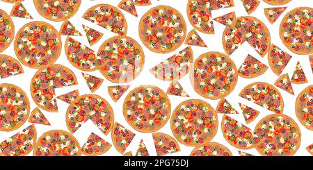 Seamless pattern with whole pizza and slices. Pizza with salami pieces, mushrooms, tomatoes, bell peppers, olives and basil. Traditional italian fast Stock Vector