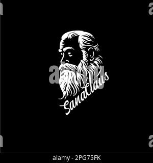 Bearded old man bust logo template, Santa Claus monument emblem, sage stamp, grandfather tattoo sketch. Hand drawing emblem on black background for Stock Vector