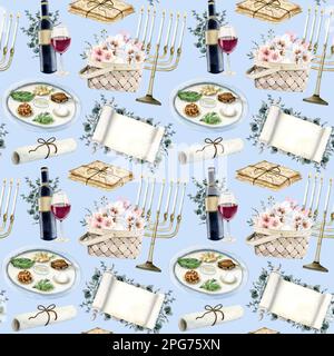 Light blue Passover seamless pattern with watercolor symbols, flowers, red wine, menorah, matzah, seder plate holiday background Stock Photo
