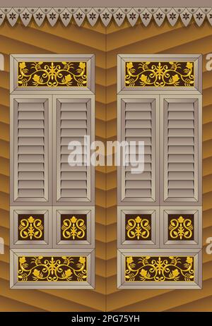 A traditional Malay style wooden window frame. Stock Vector