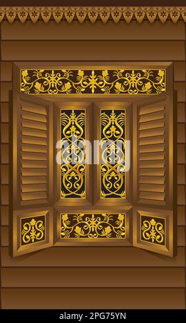 A traditional Malay style wooden window frame. Stock Vector