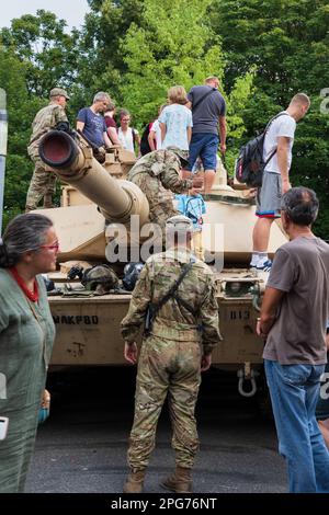 Warsaw, Poland - August 14, 2022 - Front of M1 Abrams M1A2 SEP V2 American main battle tank on Polish Army Day (Armed Forces Day) national holiday, mi Stock Photo