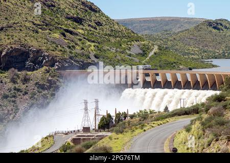 The Vanderkloof Dam overflowing. It is the second largest dam in South Africa. It has the tallest dam wall in South Africa Stock Photo