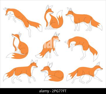 Fox in line art and abstract icon set. Collection of Fox wall art decoration design. Abstract and minimalist outline fox icon set. Continuous one line Stock Vector