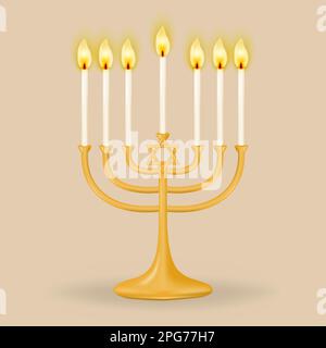 Menorah for seven candles. Gold Ganukkah menorah for seven candles. Vector illustration. Stock Vector