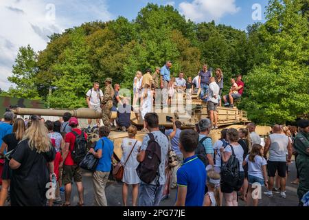 Warsaw, Poland - August 14, 2022 - People admire the M1 Abrams M1A2 SEP V2 American main battle tank on Polish Army Day (Armed Forces Day) national ho Stock Photo