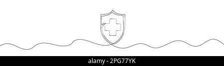 Continuous line drawing of medical shield. One line drawing background. Vector illustration. Protection health care shield icon Stock Vector