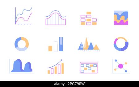 Diagrams, charts and graphs semi flat color vector icons bundle Stock Vector