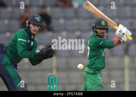 Tawhid Hridoy bats during the Bangladesh-Ireland 2nd ODI match at Sylhet International Cricket Stadium, Lakkarura, Sylhet, Bangladesh. Stock Photo