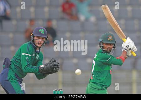 Tawhid Hridoy bats during the Bangladesh-Ireland 2nd ODI match at Sylhet International Cricket Stadium, Lakkarura, Sylhet, Bangladesh. Stock Photo