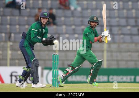 Tawhid Hridoy bats during the Bangladesh-Ireland 2nd ODI match at Sylhet International Cricket Stadium, Lakkarura, Sylhet, Bangladesh. Stock Photo