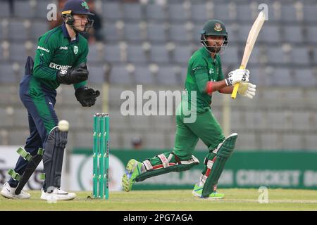 Tawhid Hridoy bats during the Bangladesh-Ireland 2nd ODI match at Sylhet International Cricket Stadium, Lakkarura, Sylhet, Bangladesh. Stock Photo