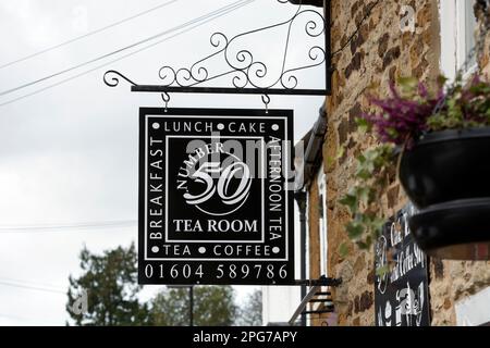 Number 50 Tea Room sign, Duston, Northamptonshire, England, UK Stock Photo