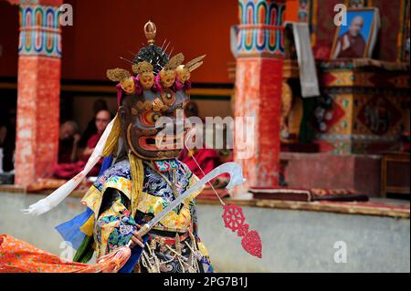 Buddhist monks perform ancient sacred dances during the Lamayuru Masked Dance Festival in Lamayuru, Ladakh Stock Photo