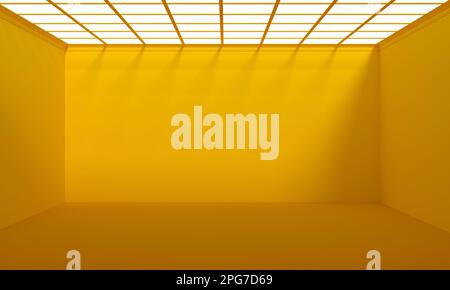 Futuristic empty room exhibition yellow background with light window. 3D rendering. Stock Photo
