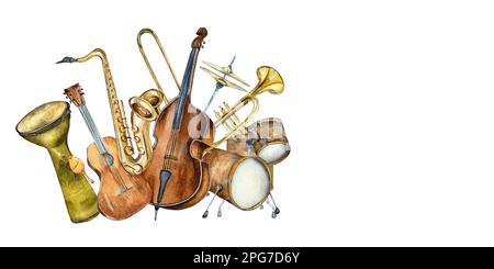 Composition of guitar, saxophone, contrabass musical instruments watercolor illustration isolated. Jazz musical instruments, drum kit hand drawn. Desi Stock Photo