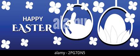 Easter card with eggs, bunny and flowers on a blue background Stock Vector