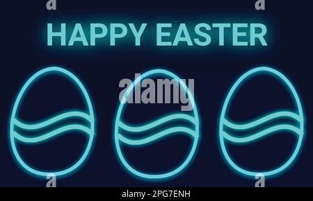 Happy Easter neon lettering with eggs on blue background. Vector illustration Stock Vector
