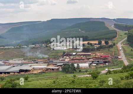 Panoramic view of the Piggs Peak Sawmill and surrounding plantation forests in  Eswatini Stock Photo