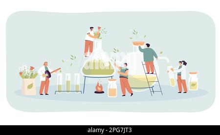 Tiny people making essential oils flat vector illustration Stock Vector