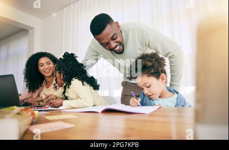 Writing, drawing and parents with children for homework, school activity and learning with notebooks. Black family, education and happy mom, dad and Stock Photo