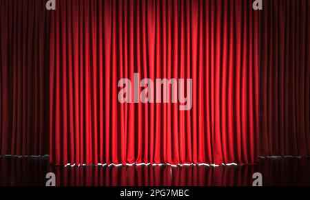 red velvet curtains and reflective black floor. 3d render Stock Photo