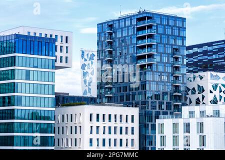 Oslo, Norway - August 14, 2022: Oslo Skyline Modern City Architecture Building Real Estate Office Building In Barcode District In Oslo, Norway. Stock Photo