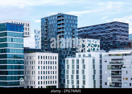 Oslo, Norway - August 14, 2022: Oslo Skyline Modern City Architecture Building Real Estate Office Building In Barcode District In Oslo, Norway. Stock Photo