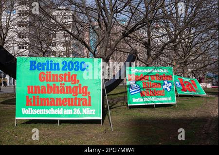 18.03.2023, Berlin, Germany, Europe - Billboards in the locality of Charlottenburg advertise for the climate referendum on March 26, 2023. Stock Photo