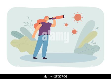 Cartoon woman looking at coronavirus through spyglass Stock Vector