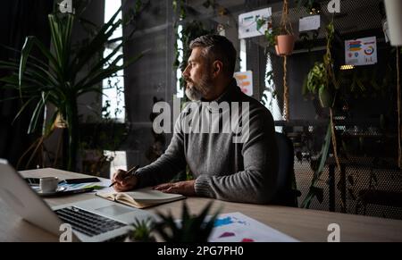 Thoughtful mature guy takes notes watching webinars on the laptop, researching business tasks Stock Photo