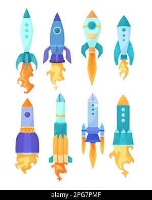Reactive rockets firing flame and fire cartoon collection set Stock Vector