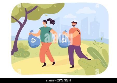 Active man and woman plogging with trash bags in park Stock Vector