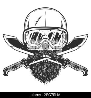 Skull in construction safety glasses with beard and mustache with crossed machete sharp knife melee weapon of hunter in jungle. Black and white Stock Photo
