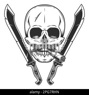 Skull smoking cigar or cigarette and machete sharp knife melee weapon ...