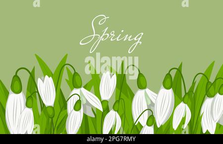 Banner with Snowdrop icons isolated on green background. Spring time Vector illustration Stock Vector