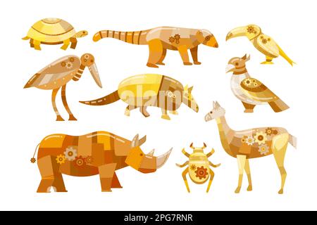 Mechanical wild animals cartoon illustration set Stock Vector