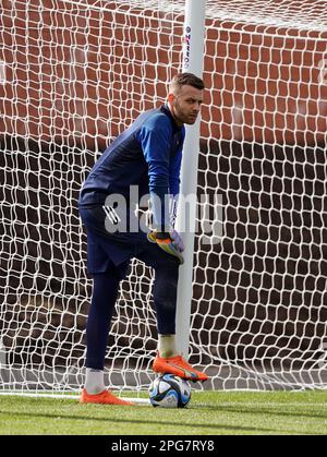 Scotland goalkeeper Angus Gunn during the training session at Lesser Hampden, Glasgow. Picture date: Tuesday March 21, 2023. Stock Photo