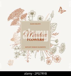 Meadow flowers frame. Hand drawn field wildflowers border. Vector illustration in sketch style. Aesthetic botany design for logo and packaging Stock Vector