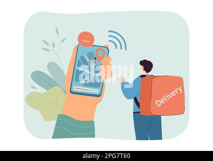 Deliveryman and route to destination on huge phone screen Stock Vector