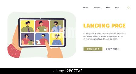 Hands holding tablet with group video call on screen Stock Vector