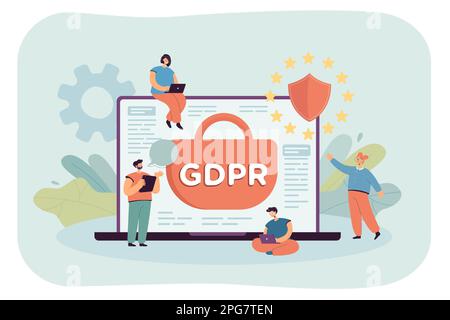 Team of tiny business persons with GDPR symbol on laptop screen Stock Vector