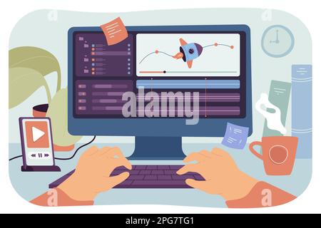 Motion designer working on computer flat vector illustration Stock Vector