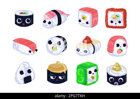 Kawaii sushi characters with faces cartoon illustration set Stock Vector