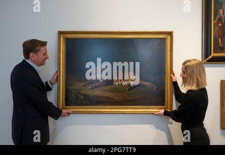 Bellmans, London, UK. 21 March 2023. Highlights from Bellmans Old Master, British and European Paintings auction to be held on the 28th March include: After George Stubbs, Portrait of the Royal Tiger, estimate £10,000-15,000. Credit: Malcolm Park/Alamy Live News Stock Photo