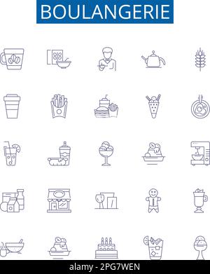 Boulangerie line icons signs set. Design collection of Bakery, Patisserie, Bread, Croissant, Cookies, Viennoiserie, Cake, Tart outline concept vector Stock Vector